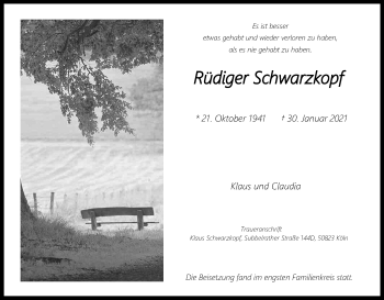 Anzeige von Rüdiger Schwarzkopf von Kölner Stadt-Anzeiger / Kölnische Rundschau / Express