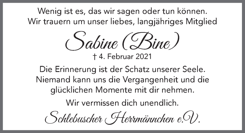  Traueranzeige für Sabine  vom 19.02.2021 aus  Lokale Informationen 