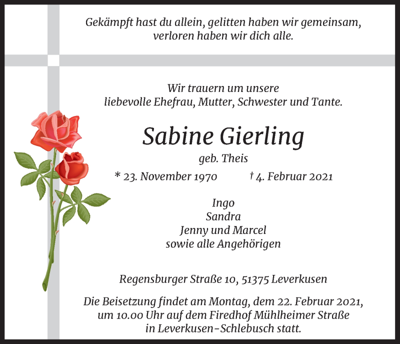  Traueranzeige für Sabine Gierling vom 20.02.2021 aus Kölner Stadt-Anzeiger / Kölnische Rundschau / Express