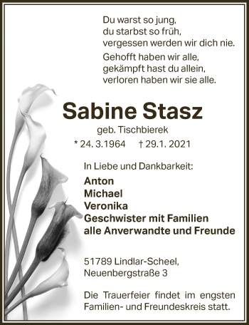 Anzeige von Sabine Stasz von  Anzeigen Echo 