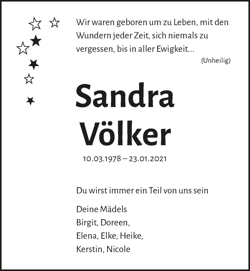  Traueranzeige für Sandra Völker vom 05.02.2021 aus  Schaufenster/Blickpunkt 