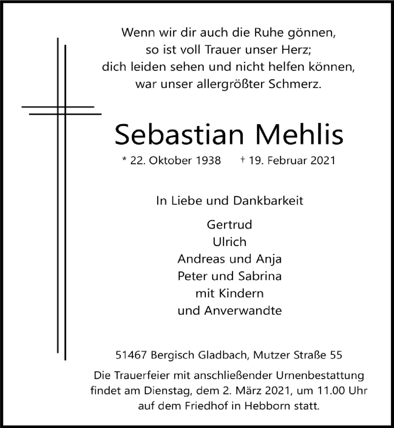  Traueranzeige für Sebastian Mehlis vom 26.02.2021 aus  Bergisches Handelsblatt 