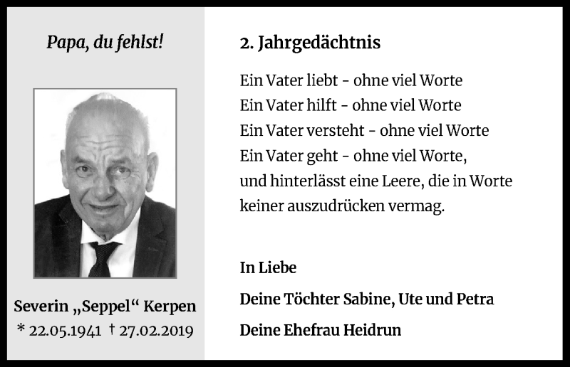 Traueranzeige für Severin Kerpen vom 27.02.2021 aus Kölner Stadt-Anzeiger / Kölnische Rundschau / Express