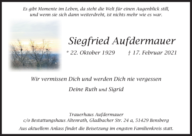  Traueranzeige für Siegfried Aufdermauer vom 27.02.2021 aus Kölner Stadt-Anzeiger / Kölnische Rundschau / Express