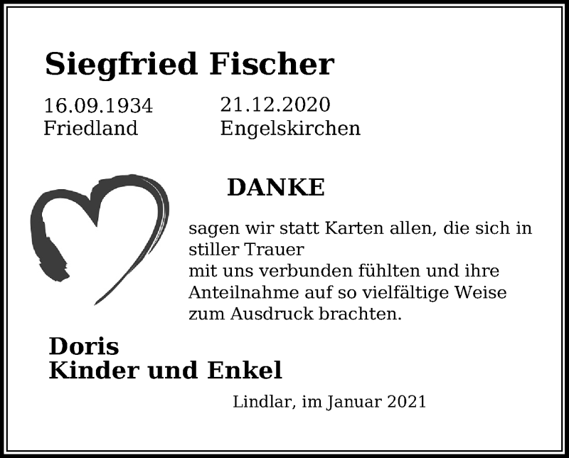  Traueranzeige für Siegfried Fischer vom 06.02.2021 aus Kölner Stadt-Anzeiger / Kölnische Rundschau / Express