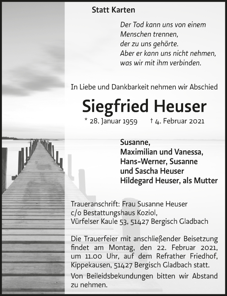  Traueranzeige für Siegfried Heuser vom 12.02.2021 aus  Bergisches Handelsblatt 