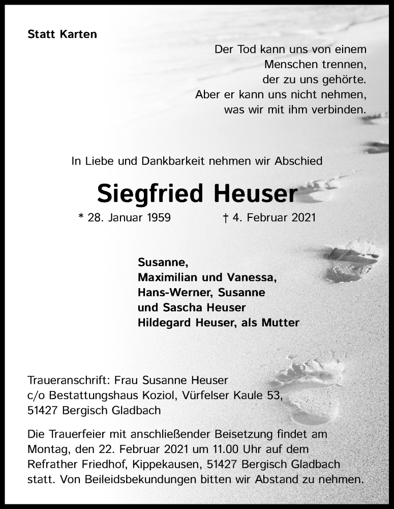  Traueranzeige für Siegfried Heuser vom 13.02.2021 aus Kölner Stadt-Anzeiger / Kölnische Rundschau / Express