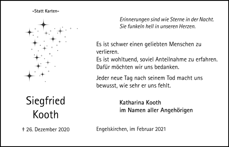  Traueranzeige für Siegfried Kooth vom 12.02.2021 aus  Anzeigen Echo 