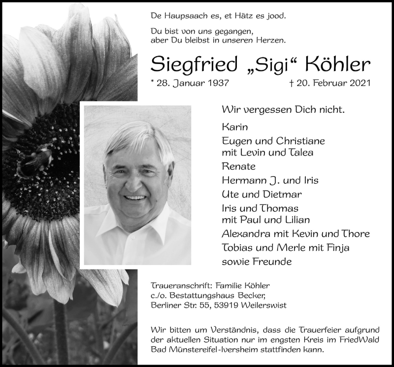  Traueranzeige für Siegfried Köhler vom 27.02.2021 aus  Blickpunkt Euskirchen 