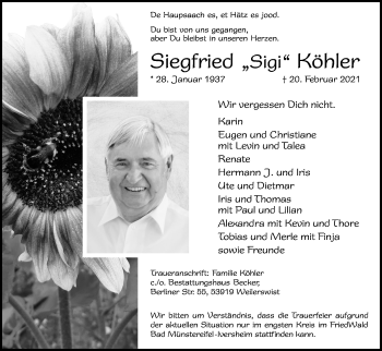 Anzeige von Siegfried Köhler von Kölner Stadt-Anzeiger / Kölnische Rundschau / Express