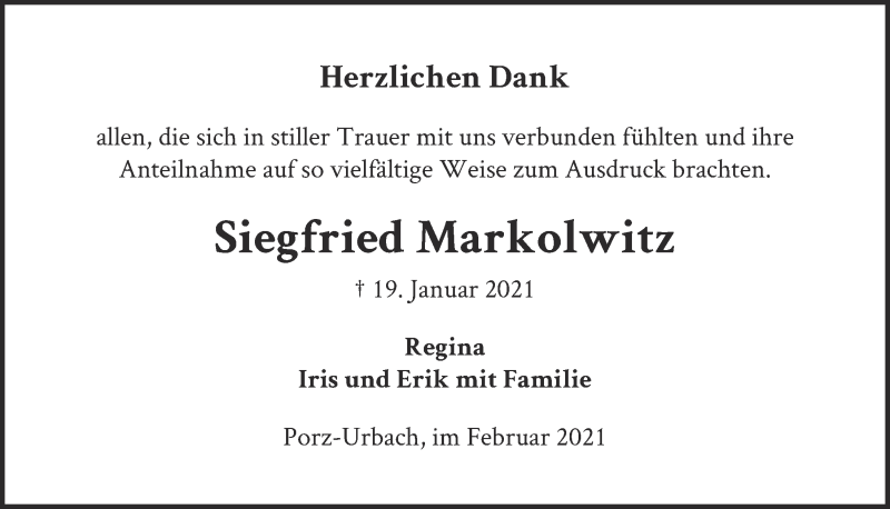  Traueranzeige für Siegfried Markolwitz vom 19.02.2021 aus  Kölner Wochenspiegel 
