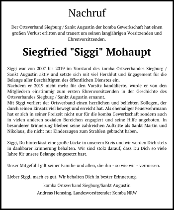 Anzeige von Siegfried  Mohaupt von Kölner Stadt-Anzeiger / Kölnische Rundschau / Express