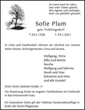 Anzeige von Sofie Plum von  Schlossbote/Werbekurier 