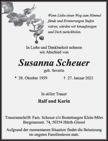 Anzeige von Susanna Scheuer von  Wochenende 