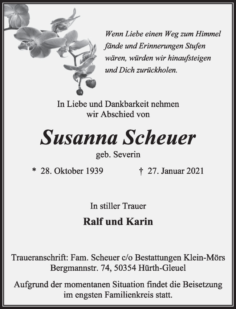  Traueranzeige für Susanna Scheuer vom 05.02.2021 aus  Wochenende 