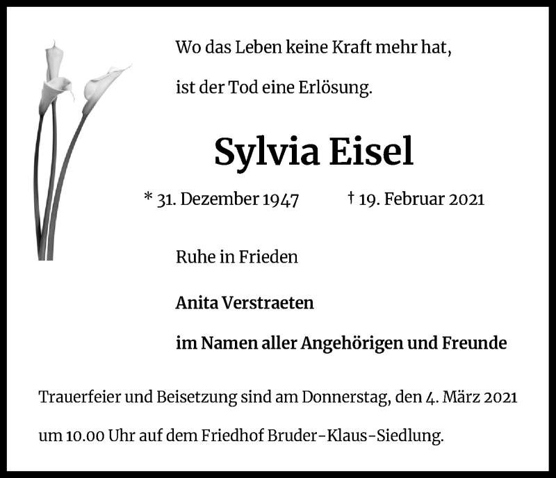  Traueranzeige für Sylvia Eisel vom 26.02.2021 aus Kölner Stadt-Anzeiger / Kölnische Rundschau / Express