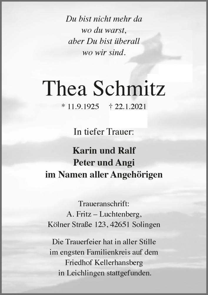  Traueranzeige für Thea Schmitz vom 05.02.2021 aus  Lokale Informationen 