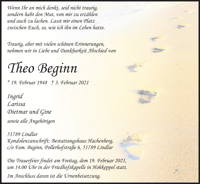  Traueranzeige für Theo Beginn vom 13.02.2021 aus Kölner Stadt-Anzeiger / Kölnische Rundschau / Express