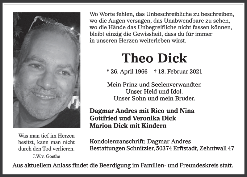  Traueranzeige für Theo Dick vom 26.02.2021 aus  Werbepost 