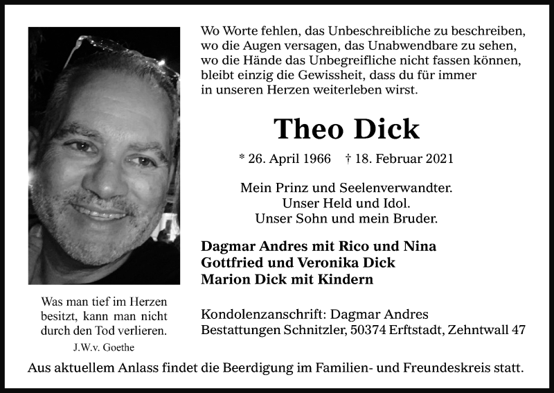  Traueranzeige für Theo Dick vom 27.02.2021 aus Kölner Stadt-Anzeiger / Kölnische Rundschau / Express