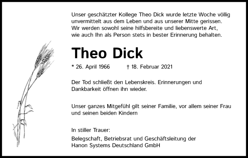  Traueranzeige für Theo Dick vom 27.02.2021 aus Kölner Stadt-Anzeiger / Kölnische Rundschau / Express