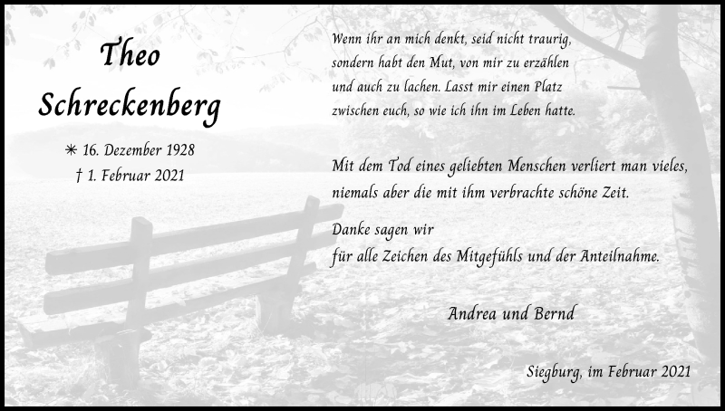  Traueranzeige für Theo Schreckenberg vom 27.02.2021 aus Kölner Stadt-Anzeiger / Kölnische Rundschau / Express