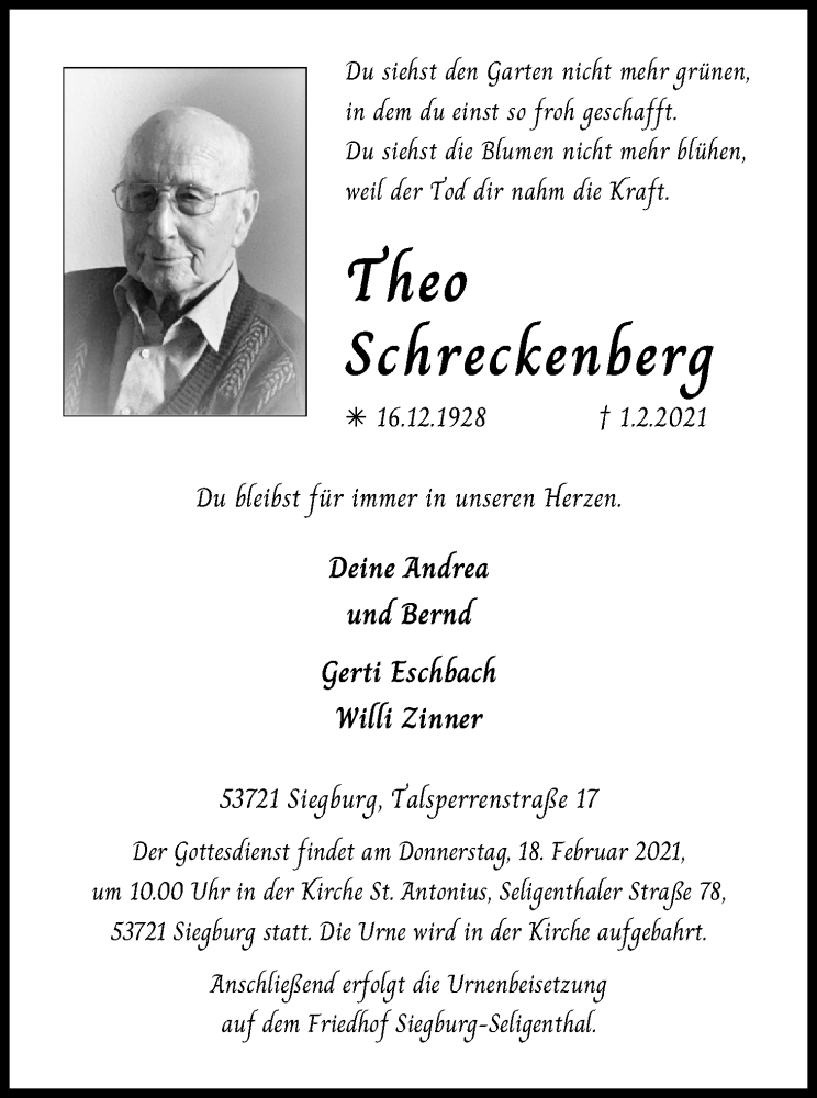  Traueranzeige für Theo Schreckenberg vom 13.02.2021 aus Kölner Stadt-Anzeiger / Kölnische Rundschau / Express