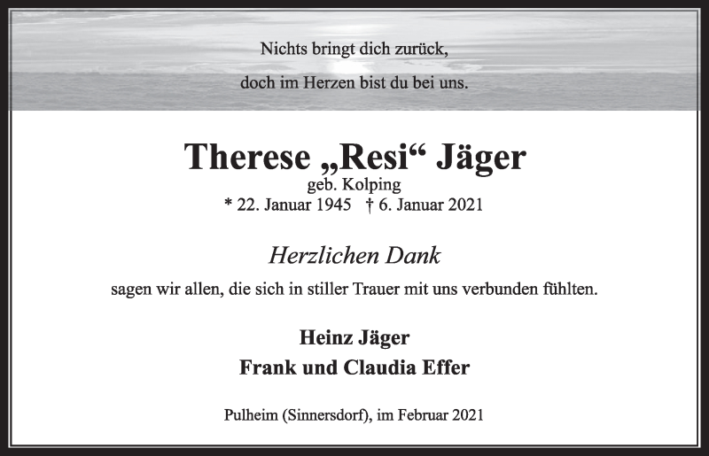  Traueranzeige für Therese Jäger vom 19.02.2021 aus  Wochenende 