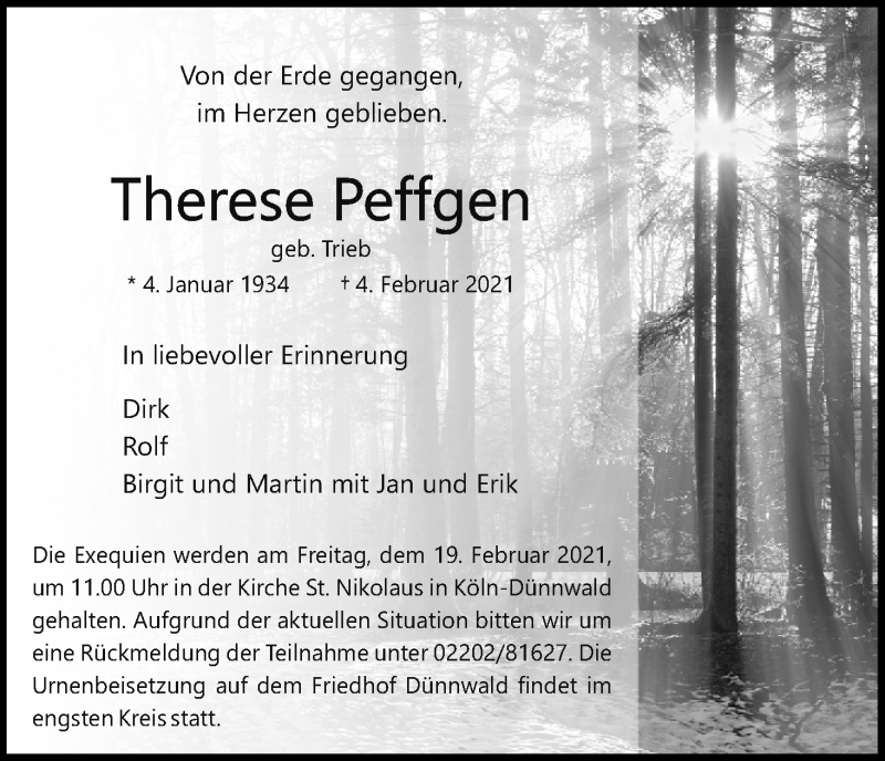  Traueranzeige für Therese Peffgen vom 13.02.2021 aus Kölner Stadt-Anzeiger / Kölnische Rundschau / Express