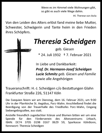 Anzeige von Theresia Scheidgen von  Kölner Wochenspiegel 