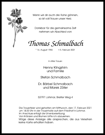 Anzeige von Thomas Schmalbach von Kölner Stadt-Anzeiger / Kölnische Rundschau / Express