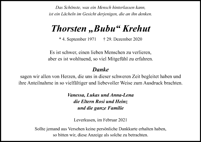  Traueranzeige für Thorsten Krehut vom 06.02.2021 aus Kölner Stadt-Anzeiger / Kölnische Rundschau / Express