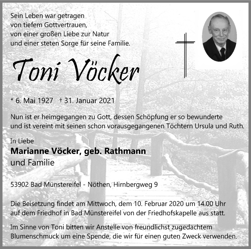  Traueranzeige für Toni Vöcker vom 06.02.2021 aus Kölner Stadt-Anzeiger / Kölnische Rundschau / Express