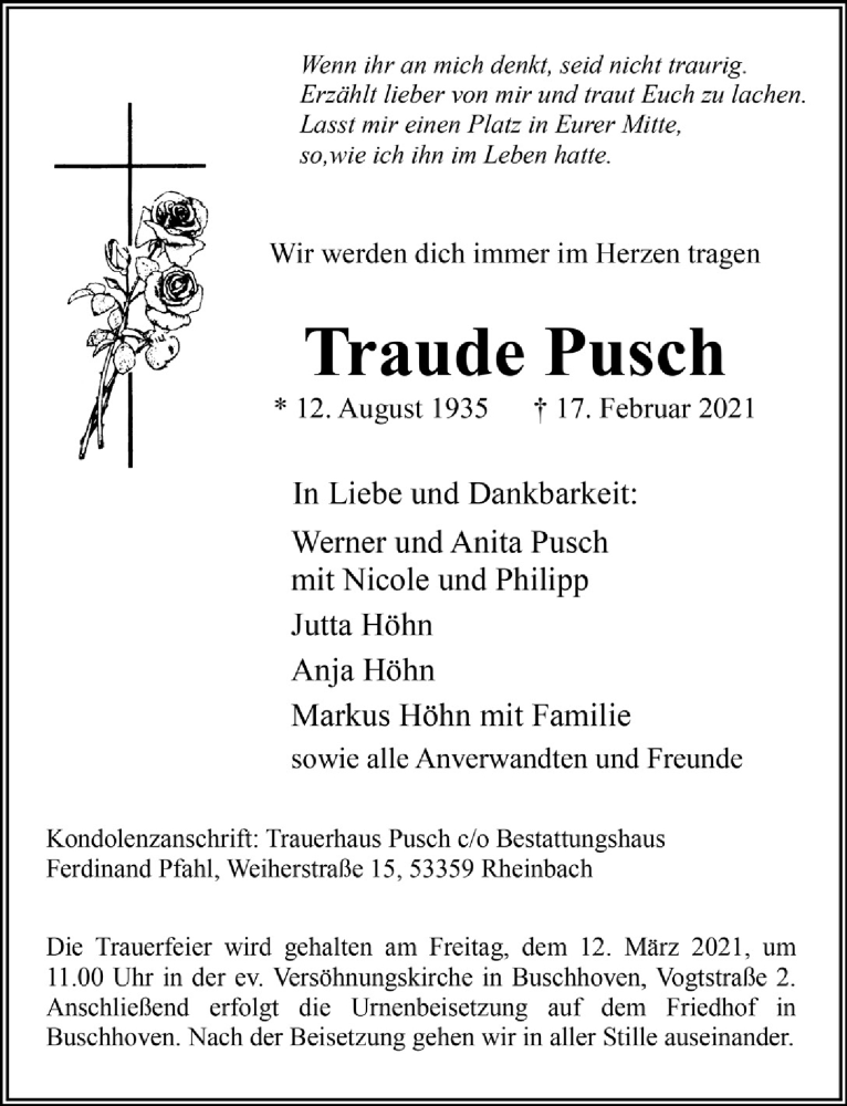  Traueranzeige für Traude Pusch vom 26.02.2021 aus  Schaufenster/Blickpunkt 