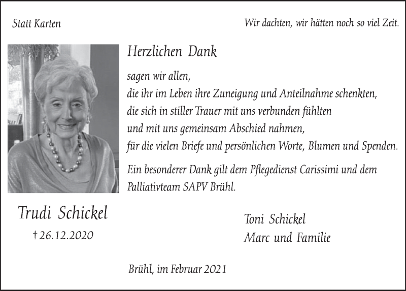  Traueranzeige für Trudi Schickel vom 19.02.2021 aus  Schlossbote/Werbekurier 