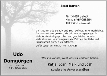 Anzeige von Udo Domgörgen von Kölner Stadt-Anzeiger / Kölnische Rundschau / Express