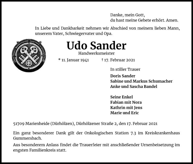  Traueranzeige für Udo Sander vom 27.02.2021 aus Kölner Stadt-Anzeiger / Kölnische Rundschau / Express