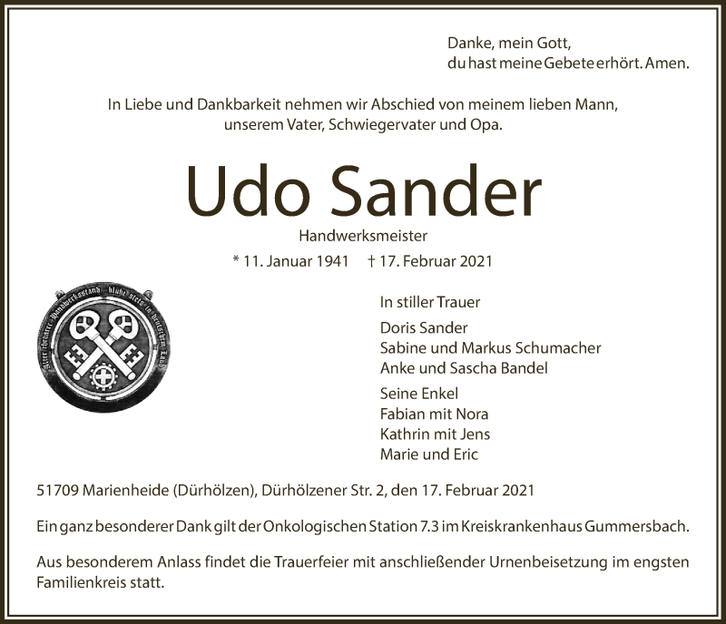  Traueranzeige für Udo Sander vom 26.02.2021 aus  Anzeigen Echo 