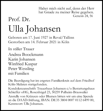 Anzeige von Ulla Johansen von Kölner Stadt-Anzeiger / Kölnische Rundschau / Express