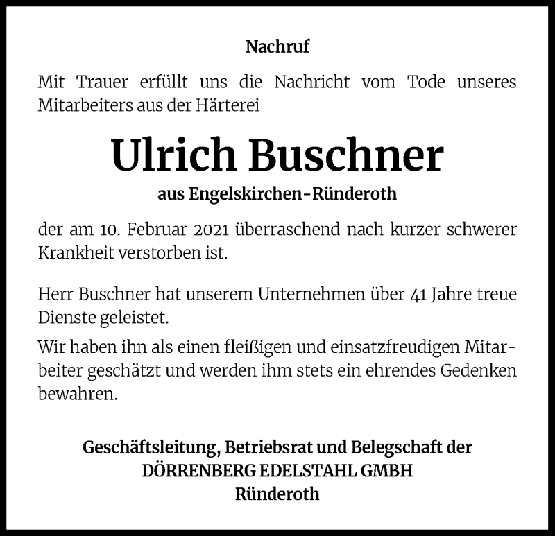  Traueranzeige für Ulrich Buschner vom 19.02.2021 aus Kölner Stadt-Anzeiger / Kölnische Rundschau / Express