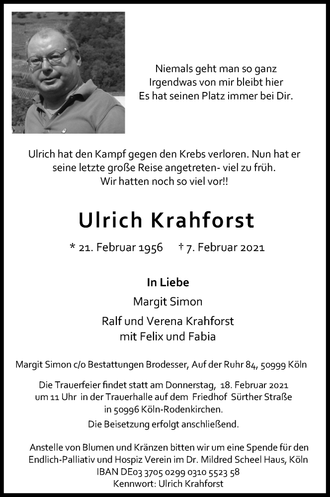  Traueranzeige für Ulrich Krahforst vom 13.02.2021 aus Kölner Stadt-Anzeiger / Kölnische Rundschau / Express