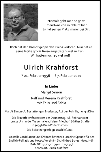 Anzeige von Ulrich Krahforst von Kölner Stadt-Anzeiger / Kölnische Rundschau / Express