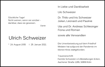 Anzeige von Ulrich Schweizer von Kölner Stadt-Anzeiger / Kölnische Rundschau / Express