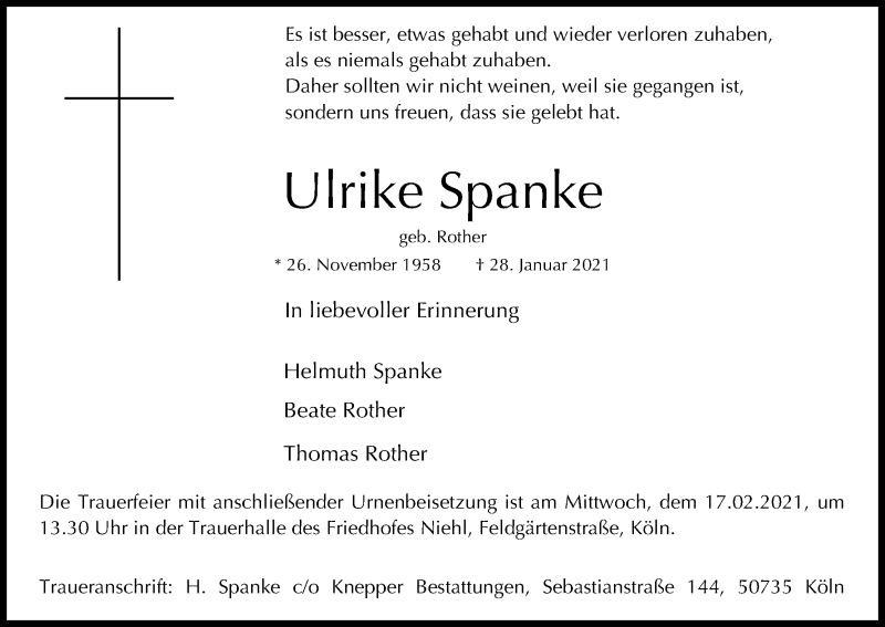  Traueranzeige für Ulrike Spanke vom 06.02.2021 aus Kölner Stadt-Anzeiger / Kölnische Rundschau / Express