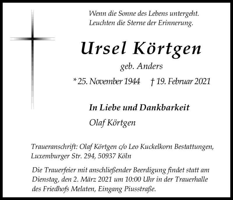  Traueranzeige für Ursel Körtgen vom 27.02.2021 aus Kölner Stadt-Anzeiger / Kölnische Rundschau / Express