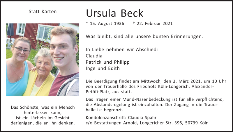  Traueranzeige für Ursula Beck vom 27.02.2021 aus Kölner Stadt-Anzeiger / Kölnische Rundschau / Express