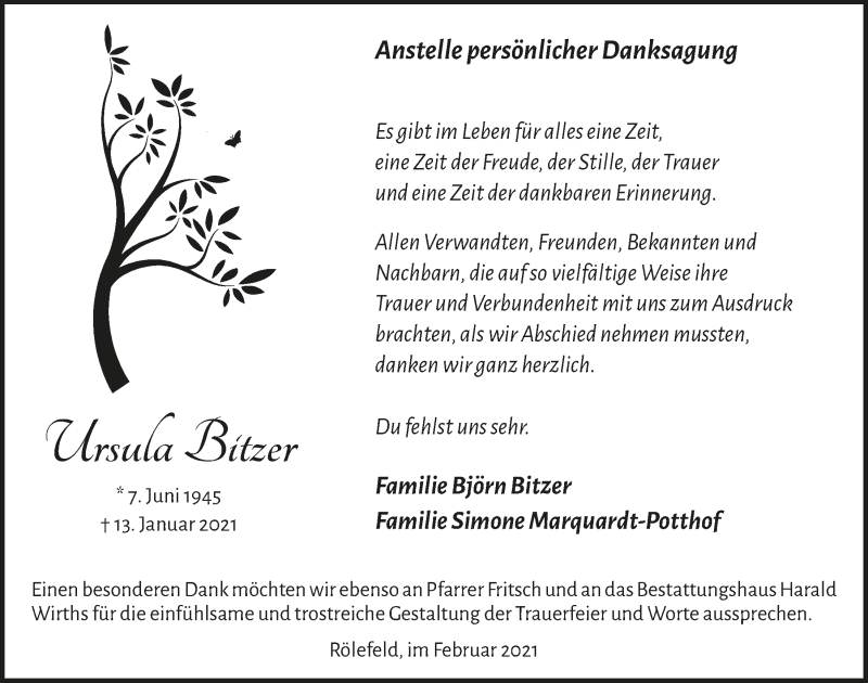 Traueranzeige für Ursula Bitzer vom 19.02.2021 aus  Lokalanzeiger 