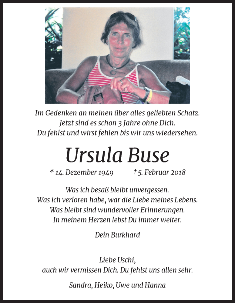  Traueranzeige für Ursula Buse vom 05.02.2021 aus Kölner Stadt-Anzeiger / Kölnische Rundschau / Express