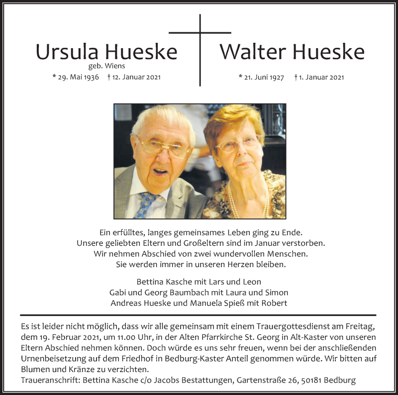  Traueranzeige für Ursula Hueske vom 06.02.2021 aus Kölner Stadt-Anzeiger / Kölnische Rundschau / Express
