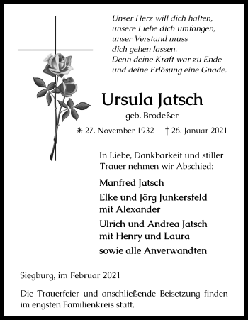 Anzeige von Ursula Jatsch von Kölner Stadt-Anzeiger / Kölnische Rundschau / Express